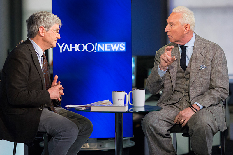 Yahoo Chief Investigative Correspondent Michael Isikoff interviews Republican strategist Roger Stone at the Yahoo Studios in New York City on March 30, 2017. (Gordon Donovan/Yahoo News)