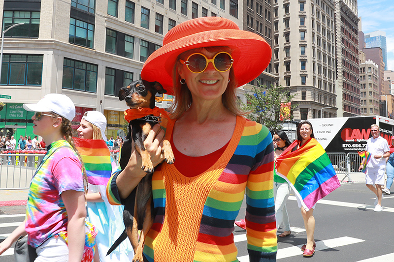 Julia Harvey of New York City carries participant Gypsy in the N.Y.C. Pride Parade in New York on June 25, 2017. (Photo: Gordon Donovan/Yahoo News)